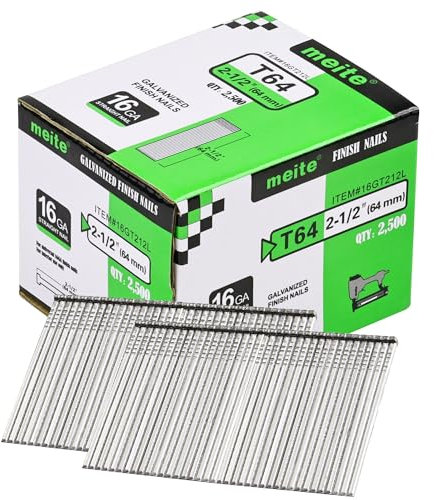 meite 16 Gauge Finish Nails, 64 mm 16G Finish Nail, Galvanised Finishing Nails for Nail Gun - Ideal for Woodworking, Upholstery, and Framing Projects (2,500 Counts)
