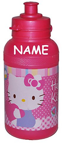alles-meine.de GmbH Trinkflasche incl. Name - Hello Kitty - für Mädchen - Plastik Kinder - Katze Kätzchen Blumen/Blüten/Fahrradflasche - Flasche - für 400 ml auslaufsiche..