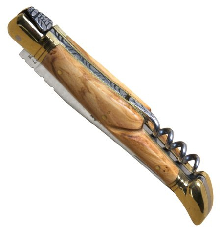 Couteau Laguiole manche en bois d'olivier avec tire-bouchon et mitres en laiton