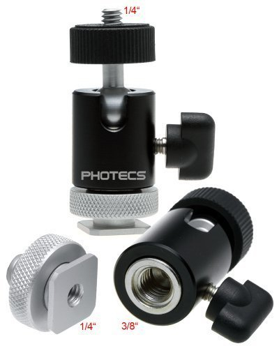 Photecs® Mini Stativkopf Pro V1, CNC-gefertigter Kugelkopf mit Stahlkern (Mini Ball Head), 3/8, 1/4 & Blitzschuh-Adapter, montiert drehbar um 360 Grad