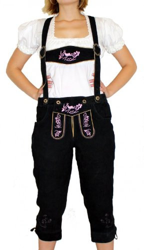 German Wear Damen Lederhose Trachten Lederhose aus Ziegenvelour Kniebundhose mit Hosenträgern, Schwarz/Rosa, L/40