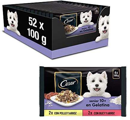 Cesar Senior 10+ Hundefutter Nassfutter Selektion in Gelee mit Huhn/Rindfleisch und Reis, 13 x (4 x 100g)