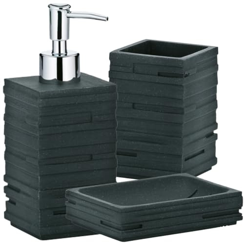 Schläfer 285100 | Badaccessoires Set Schwarz Matt, Set 3-teilig Seifenspender Zahnputzbecher Kosmetikeimer Badgarnitur