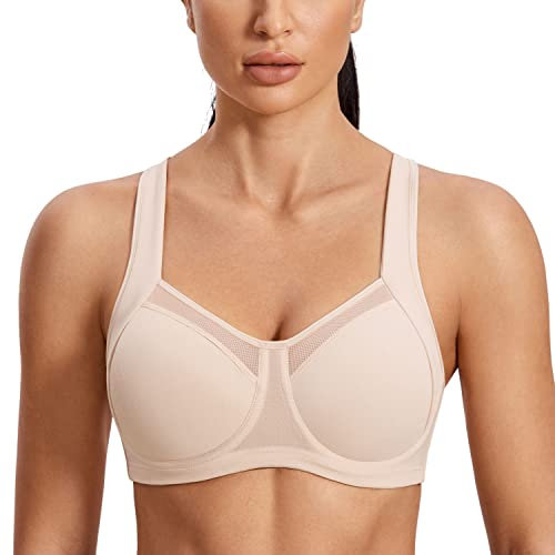 SYROKAN Damen Starker Halt Sport BH - Mesh mit Bügel Ringerrücken Ohne Einlagen Fitness Lauf Joggen BH Beige 75E