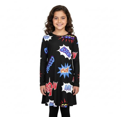 A2Z 4 Kids Girls Comic Print Swing Dress Long Sleeve Casual Party Style | Flared Skater Outfit Lightweight Everyday Occasionwear Ages 3-13
