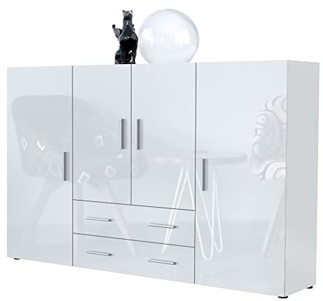 Vladon Highboard Nora Anrichte mit 2 Schubladen und 4 Türen mit insgesamt 8 Fächer dahinter, Weiß matt/Weiß Hochglanz (166,5 x 106,5 x 35 cm)