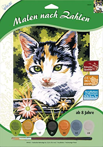MAMMUT 105018 – Kit de peinture par numéros avec motif animal, chaton, chat, kit complet avec modèle de coloriage imprimé au format A4, 7 peintures acryliques et pinceaux, kit de peinture pour enfants