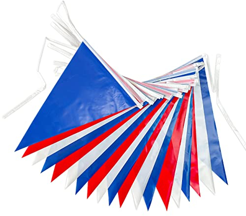 Red Blue White PVC Plastic Bunting Banner 10 Metre Long 20 Flags Pennant Double Sided Indoor & Outdoor Party Decoration