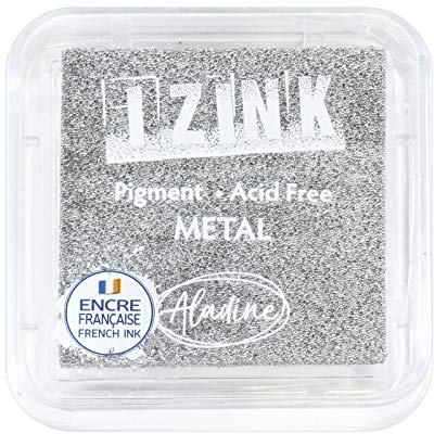 Aladine – Stempelkissen Izink Pigment Metall Silber – Stempelkissen silberfarben langsam trocknend – Scrapbooking, Embossing und kreative Karten – Größe M – 5 x 5 cm – Farbe Metallic Silber