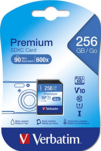 Verbatim Premium U1 SDXC Speicherkarte, 256 GB, SD Karte für Full HD Videoaufnahmen, Karte mit integriertem Schreibschutz, Speicherkarte schwarz, SD Speicherkarte für ua. Kamera und PC