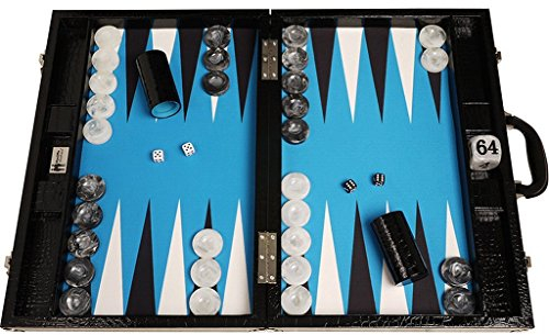 Wycliffe Brothers Backgammon-Turnierset – Schwarzes Kroko mit Blauer Spielfläche – Gen III