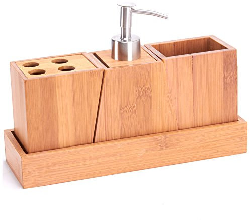 MSV Badezimmerzubehör-Set 3 teilig mit Seifenspender und Zahnbürstenhalter aus Bambus und Edelstahl Bad Accessoires Set