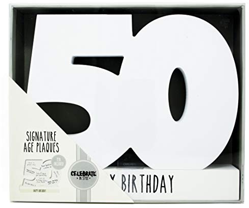 HOX Collection Celebrate in Style White Wooden 50th Birthday Signature Age Plaque with Black Marker Pen Freestanding White Wrapped Numbers to Sign Perfect Personalised Gift for Birthdays
