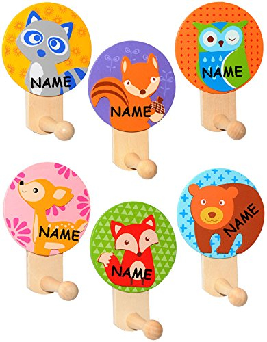 alles-meine.de GmbH 1 Stück Garderobenhaken - Bunte Tiere/Waldtiere - incl. Name - aus Holz - Wandhaken/Kindergarderobe mit 1 Kleiderhaken - Kind Wandgarderobe - für In..