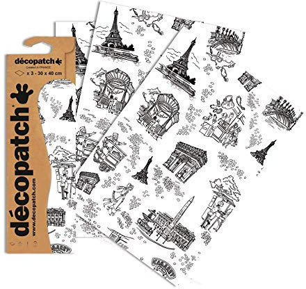 Décopatch - Ref C511O - Iconic Building Sketches Paper Pack - Each Sheet 30 x 40cm, Pack of 3 Paper Sheets - Best Used With Décopach Glue & Varnish, Black & White