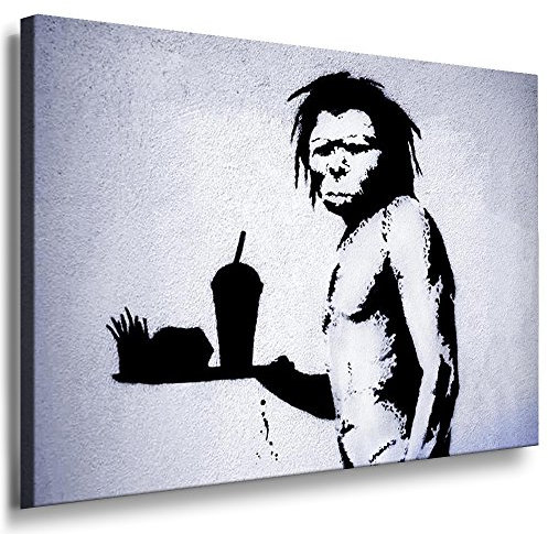 'Foto leinwand24 – Banksy Graffiti Art Fast Food Caveman/aa0098/Immagine su Telaio, Legno, Blau, 120x100 cm
