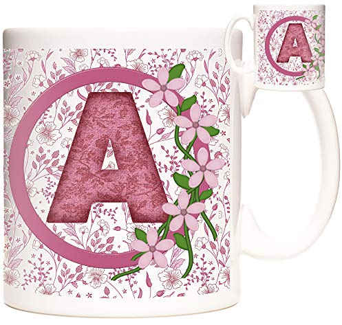 Letter A Gift Mug, Monogram A Mug, Alphabet Letter A Mug. Pink Flower Design 11oz Ceramic Mug, Initial A Gift.