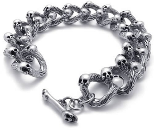 KONOV Schmuck Herren Armband, Biker, Schädel Totenkopf, Gothic Link, Gothic, Leder Edelstahl, Schwarz Silber (mit Geschenkbeutel)