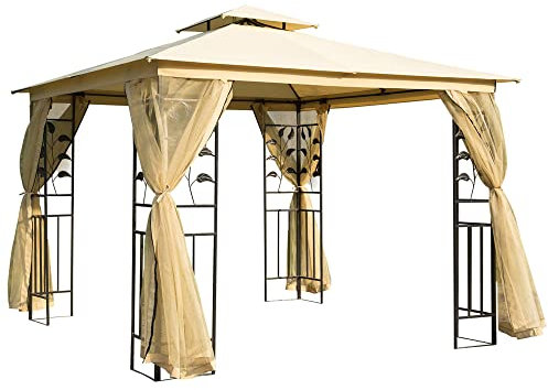 Outsunny 3(m) x 3(m) Garden Gazebo, Double Roof Outdoor Gazebo Canopy Shelter with Netting, Solid Steel Frame, for Garden, Lawn and Deck, Beige