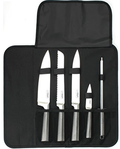 Jean Dubost Créations DK016250X01023 Sacoche avec 4 Couteaux Cuisine/Fusil à aiguiser, Acier, INOX, 38 x 14 x 5 cm