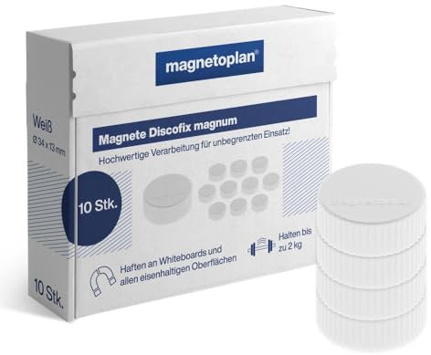 magnetoplan Premium Magnete Discofix magnum | ØxH 34x13mm | 10 Stück, weiß | Haftkraft: 2 kg | Magnete für Magnettafeln und Whiteboards | Kratzfreie Spezialbeschichtung | Leicht abnehmbar