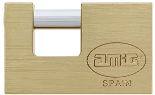 Amig - Candado de seguridad rectangular con barra - Incluye 2 llaves - Latón y arco de Acero tratado - Alta seguridad antirrobo para puertas de camiones, contenedores, obras - Ancho: 90 mm