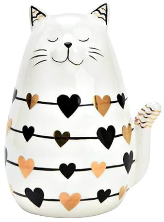 TEMPELWELT Deko Figur Katze Kätzchen mit Herz 13 cm hoch, Keramik weiß Gold schwarz, Dekofigur Katzenfigur Keramikfigur Schmusekatze