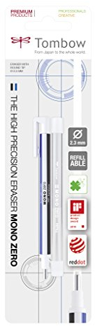 Tombow EHR-KUR Präzisionsradierer MONO zero und Nachfüllung runde Spitze, 2.3 mm Durchmesser, weiß/blau/schwarz