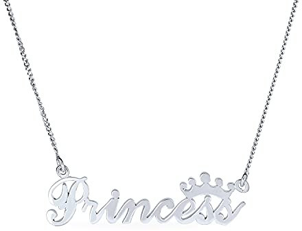 Personalized Sideways Station Necklace Dainty Cursive Script Letters Tiara Crown & Princess Word Necklace Pendant For Women Daughter Girlfriend Polished .925 Sterling Silver