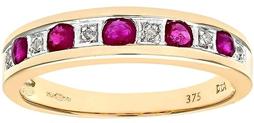 Naava Women's 9ct Yellow Gold Ruby and Diamond Eternity Ring – Channel Set Red Gemstone with 0.02ct Diamond Anniversary Band for Women, Italian Made Ring Jewellery