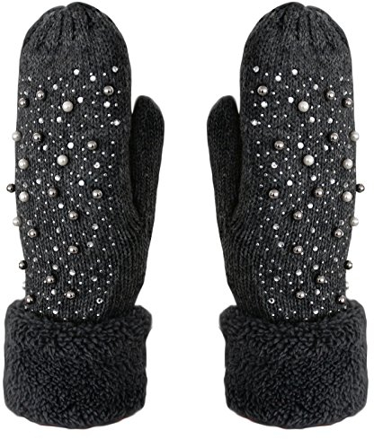 Blackshirt Company Handschuhe Fäustlinge mit Perlen und Glitzersteine Strick Handschuhe gefüttert Farbe Schwarz