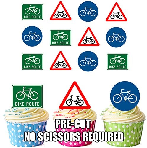 AK Giftshop Cycling Road Signs Cake Decorations - Edible Cup Cake Toppers (Pack of 12)