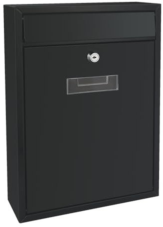 Perel Briefkasten Ibiza, Wandbriefkasten für Außen, Wandmontage, mit Namensschild, Schlüsselschloss, abschließbar inkl. 2 Schlüssel, verzinkter Stahl, 36 x 26 x 8 cm, schwarz