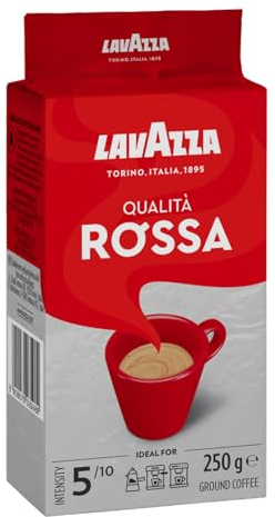 Lavazza, Qualità Rossa, Café Molido Natural, Ideal para Cafetera Italiana, de Filtro y Francesa, con Notas Aromáticas de Chocolate, Arábica y Robusta, Intensidad 5, Tueste Medio, 250 g