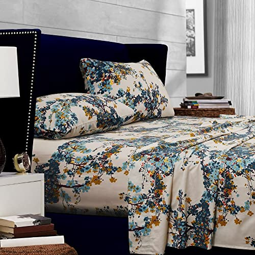 Tribeca Living Deep Pocket King Size Sheet Set - 300 Thread Count Cotton Sateen Sheets with 22-Inch Extra Deep Pockets, Oeko-Tex Certified, 4 Bedding Set in Casablanca Multi Print