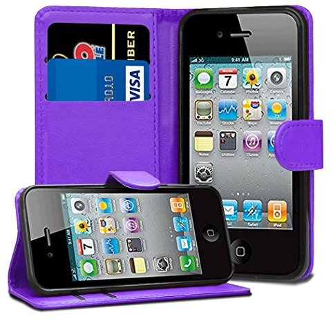 TypeandColor® Purple Leather Flip Wallet Slim Case Cover Pouch With Card Holder For Apple iPhone 4 4S 4G and Screen Protector With Polishing Cloth And Stylus Pen
