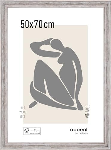 accent by nielsen Bilderrahmen, 50 x 70 cm, Holz, Weiß, Posterrahmen zum Aufhängen im Hoch- & Querformat, Echtglas, Vintage
