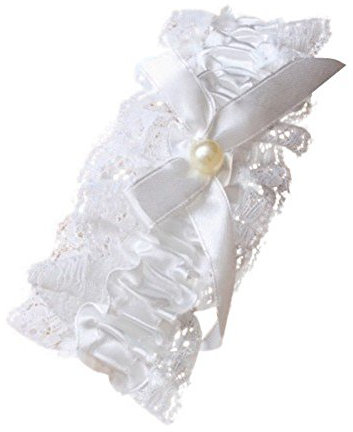 Ladies Off White Lace Garter With Pearl Bead And Bow Hen Nights Wedding Bridal