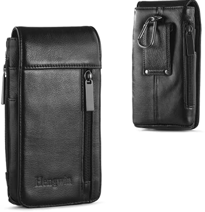 Hengwin Mobile Phone Holsters, Genuine Leather Belt Pouch for iPhone 16 Pro Max, 16 Plus, 15 14 13 12 11 Pro Max, Phone Case Belt Holder with Clip, Men’s Travel Waist Pocket Carrier