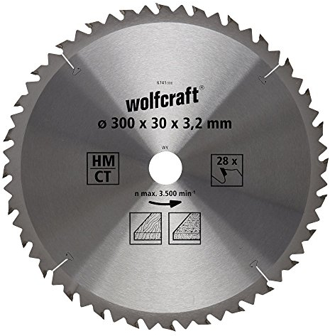 wolfcraft Tischkreissägeblatt HM - 6741000 - Ø 300 mm, 28 Zähne - schnelle, grobe Arbeiten an Holz und Spanplatten - Längs- und Querschnitte - Wechselzahn