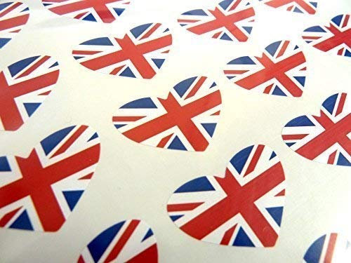 Pack of 50, Heart Shape 35x23mm, Union Jack British Self-Stick GB Flag Labels Great Britain Stickers