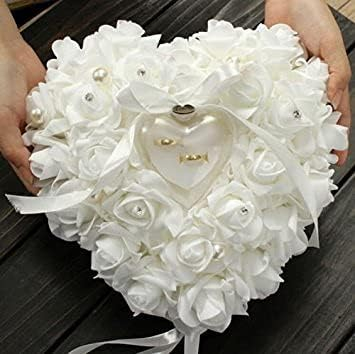 ZJchao Kissen für Hochzeitsringe, 15 x 13 cm, Herzform, , Ringbox, romantisch, Rose, weiß, Einheitsgröße
