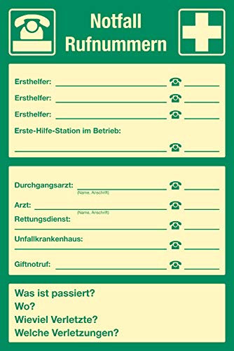 Schild Sicherheitsaushang Notfall Rufnummern | langnachleuchtend | PVC 30 x 20 cm | UV stabil | witterungsbeständig | Rettungszeichen Rettungsschild mit Notfallnummern zur Selbstbeschriftung