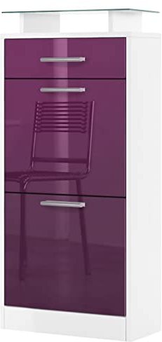 Vladon Schuhschrank Loret V2, Schuhkipper für 8 Paar Schuhe mit 2 Klappen, 1 Schublade und Glasablage, Weiß matt/Brombeer Hochglanz (46 x 104 x 23 cm)