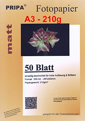 pripa 50 Blatt InkJet Fotopapier - matt beschichtet - OHNE Glanz - DIN A3-210g - Tintenstrahldrucker