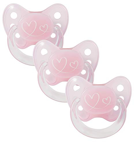 dentistar Latex Schnuller 3er-Set - Größe 1 Schnuller 0-6 Monate - Zahnfreundlicher Naturkautschuk Nuckel mit Dentalstufe – BPA-frei - Made in Germany - Herz, Rosa