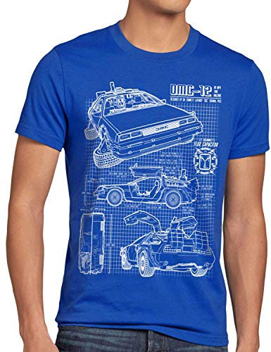 style3 DMC-12 Blaupause T-Shirt Herren Zeitreise 80er McFly Blueprint Auto Car, Größe:XXL, Farbe:Blau