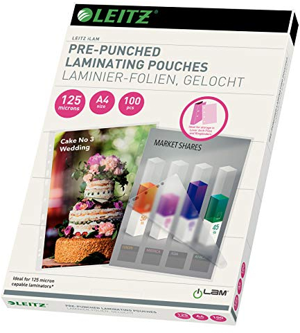 Leitz Heißlaminierfolien A4 125 mic, mit Lochung für Ordner und Ringbücher (2-/4-fach), Hochwertige Laminierfolien im 100er Pack, Glänzend, Transparent, 33878