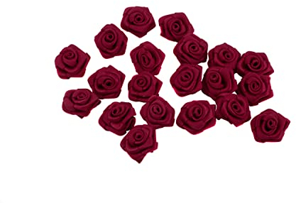 Rosen 2 cm x 20 Stück Satinrosen Aufnäher Deko Blumen Röschen zum Basteln Haarschmuck kleine Rosenköpfe Farbe: Weinrot Bordeaux 193