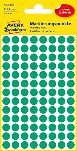 AVERY Zweckform 3012 selbstklebende Markierungspunkte 416 Stück (Ø8mm, Klebepunkte auf 4 Bogen, Punktaufkleber zur Farbcodierung, runde Aufkleber für Kalender, Planer und zum Basteln, Papier) grün